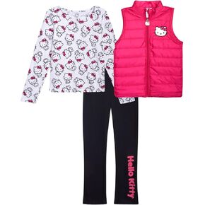 Hello Kitty Girls' Pants Set - 3 Piece Zip Up Vest, Long Sleeve Graphic Shirt, Fleece Pants - Matching Set for Girls (2T-12)