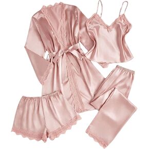 SweatyRocks Women's Silk Pajamas Set 4pcs with Robe Lace Trim Shorts Lounge Sets Pants Sleepwear