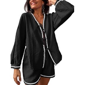 Tankaneo Womens Tie Front Top Shorts Set 2 Piece Lounge Set Linen Long Sleeve Shirts Travel Vacation Outfits