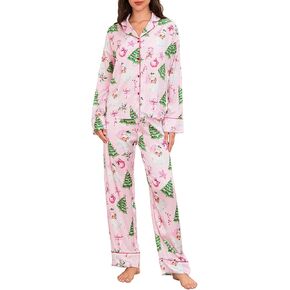 Juakoso Women Christmas Pajamas Sets Cute Print Silk Satin Lounge Sets Y2k Long Sleeve Shirt Pants Pjs Sets Sleepwear in Kuwait