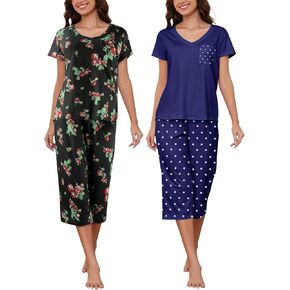 HONG HUI 2 Pack Womens Pajamas Set Short Sleeve Sleepwear Tops and Capri Pants Pjs Summer Loungewear Pj Sets S-3XL