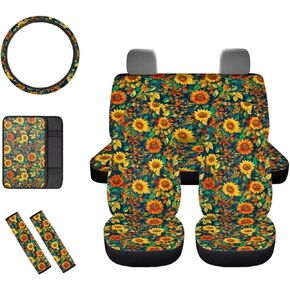 Decorative Cherry Blossom Car Seat Covers Full Set,Front and Rear Bench Seat Covers,Steering Wheel Cover,Seatbelt Pads,Armrest Cover,Universal Auto Accessories Fit for Most Cars