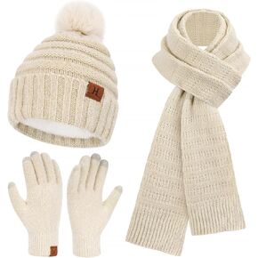 Womens Winter Hats Beanie Touchscreen Gloves Long Scarf Set Knit Warm Caps with Pom Fleece Gifts for Women