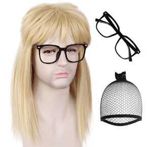 Anogol Hair Cap+ (1 GLasses) Blond Mullet Wig For Men Rocker Mullet Wig Men 80s Wig Blonde Heavy Metal Wig for Adult 90s Wig for Punk Rock 70S Rocker Costume Wig for Cosplay Party Halloween