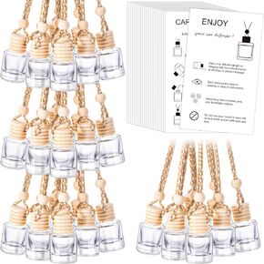 100 Sets Hanging Car Air Freshener Diffuser Bottles Bulk Empty Glass Perfume Bottles with Car Diffuser Instructions Business Cards for Empty Car Essential Oil Diffuser Bottles(Round)