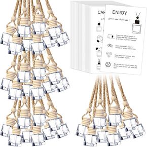 100 Sets Hanging Car Air Freshener Diffuser Bottles Bulk Empty Glass Perfume Bottles with Car Diffuser Instructions Business Cards for Empty Car Essential Oil Diffuser Bottles(Round)
