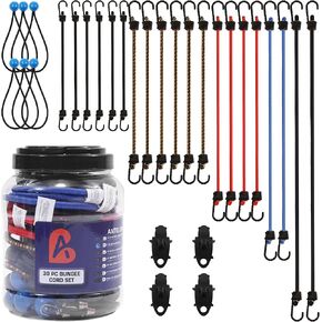 A ANTELOPE 30-Piece Premium Bungee Cord Assortment Jars Includes 10", 18", 24", 32", 40" Bungee Cord, 8" Canopy/Tarp Ball Ties and Alligator Mouth Tarp Clips