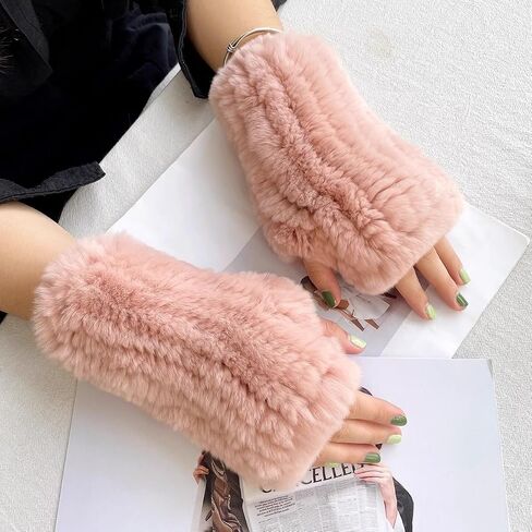 Real Rex Rabbit Fur Textile Knit Fingerless Gloves，Texting Mittens， Luxury Cold Weather Winter Fashion Accessories in Saudi Arabia