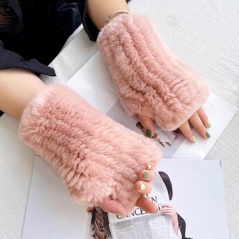 Real Rex Rabbit Fur Textile Knit Fingerless Gloves，Texting Mittens， Luxury Cold Weather Winter Fashion Accessories in Saudi Arabia