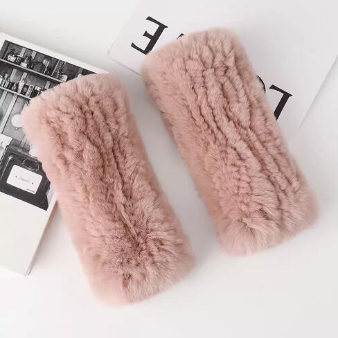 Real Rex Rabbit Fur Textile Knit Fingerless Gloves，Texting Mittens， Luxury Cold Weather Winter Fashion Accessories in Saudi Arabia