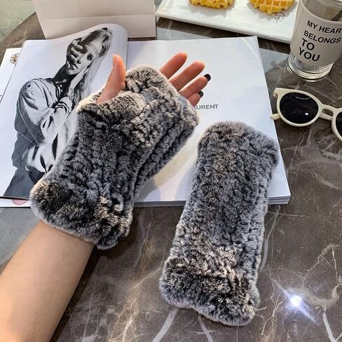 Real Rex Rabbit Fur Textile Knit Fingerless Gloves，Texting Mittens， Luxury Cold Weather Winter Fashion Accessories in Saudi Arabia