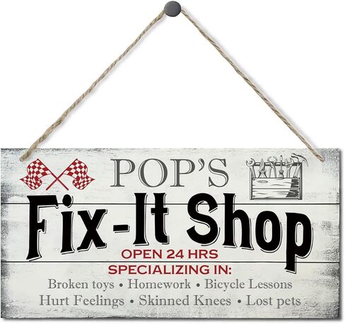 Vintage Style Sign, Pop's Fix-It Shop, Open 24 Hours. Hanging Wood Sign Home Decorative, Printed Wood Wall Art Sign, Dad Gift Garage Shop, Pop's Gift, Father’s Day Gift for Grandpa 12x6 inch in Saudi Arabia