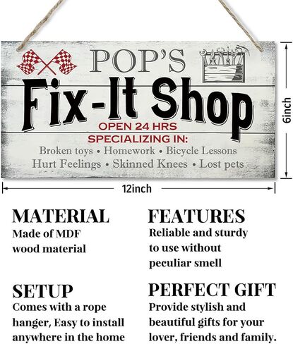 Vintage Style Sign, Pop's Fix-It Shop, Open 24 Hours. Hanging Wood Sign Home Decorative, Printed Wood Wall Art Sign, Dad Gift Garage Shop, Pop's Gift, Father’s Day Gift for Grandpa 12x6 inch in Saudi Arabia