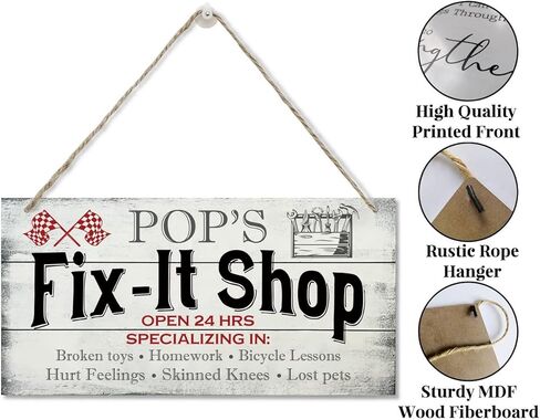 Vintage Style Sign, Pop's Fix-It Shop, Open 24 Hours. Hanging Wood Sign Home Decorative, Printed Wood Wall Art Sign, Dad Gift Garage Shop, Pop's Gift, Father’s Day Gift for Grandpa 12x6 inch in Saudi Arabia