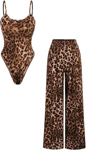 Milumia Women's 2 Piece Outfits Leopard Print Bodysuit and Long Pants Set in Saudi Arabia