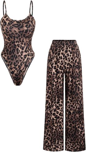 Milumia Women's 2 Piece Outfits Leopard Print Bodysuit and Long Pants Set in Saudi Arabia