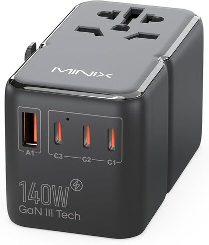 MINIX TP85 Universal Travel Adapter with 85W PD Ports GaN International AC Socket with 2 USB-A and 3 USB-C Port PowerTravel Charger Outlet Converter Worldwide US to Europe EU AU UK in Saudi Arabia