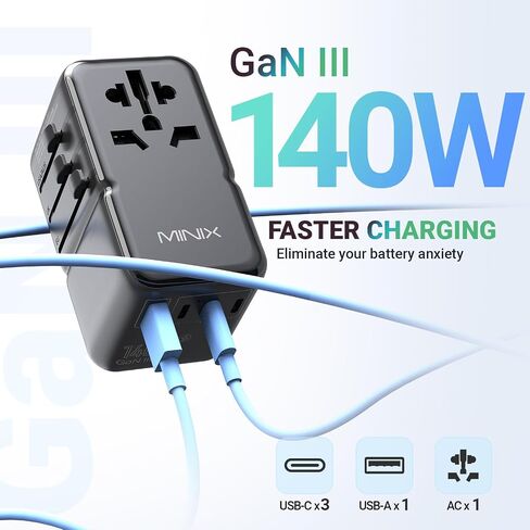 MINIX TP85 Universal Travel Adapter with 85W PD Ports GaN International AC Socket with 2 USB-A and 3 USB-C Port PowerTravel Charger Outlet Converter Worldwide US to Europe EU AU UK in Saudi Arabia