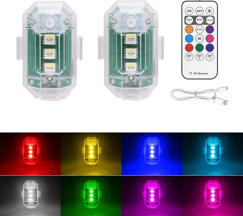 2PCS Wireless LED Strobe Lights with Remote Control, 8 Colors USB Rechargeable Anti-Collision Warning Light, High Brightness Wireless LED Lights for Car Drone Truck Motorcycle Aircraft Bike in Kuwait