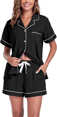ANLIQI Womens 100% Cotton Pajama Sets Shorts Soft Short Sleeve Pj Sets Summer Pajamas for Women Button Down Sleepwear S-XXL in Kuwait