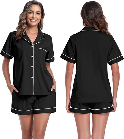 ANLIQI Womens 100% Cotton Pajama Sets Shorts Soft Short Sleeve Pj Sets Summer Pajamas for Women Button Down Sleepwear S-XXL in Kuwait