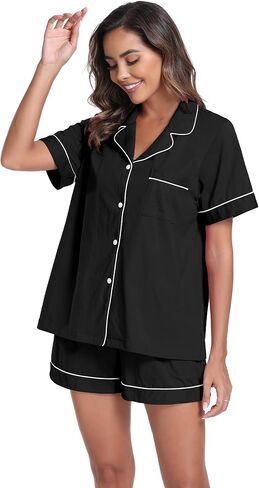 ANLIQI Womens 100% Cotton Pajama Sets Shorts Soft Short Sleeve Pj Sets Summer Pajamas for Women Button Down Sleepwear S-XXL in Kuwait