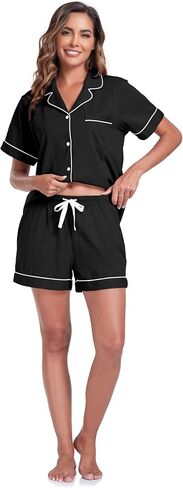 ANLIQI Womens 100% Cotton Pajama Sets Shorts Soft Short Sleeve Pj Sets Summer Pajamas for Women Button Down Sleepwear S-XXL in Kuwait