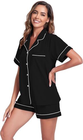 ANLIQI Womens 100% Cotton Pajama Sets Shorts Soft Short Sleeve Pj Sets Summer Pajamas for Women Button Down Sleepwear S-XXL in Kuwait