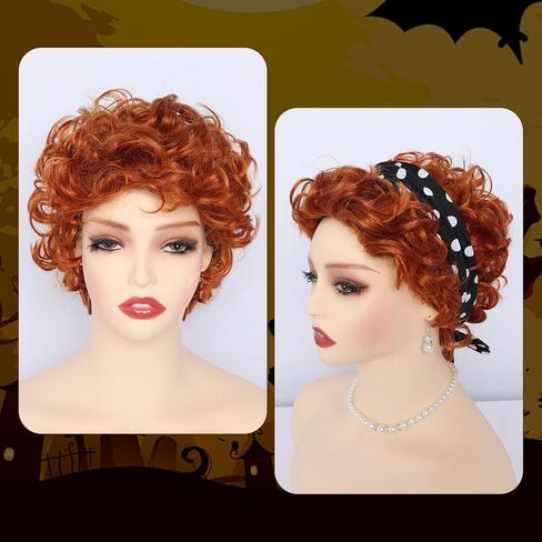 Heliltd 4Pcs 50s Housewife Costume 1950s Red Wig with Polka Dot Headband Necklace and Earrings 50s Housewife Costume Accessories for Halloween Costume Party in Kuwait