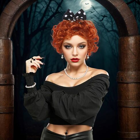 Heliltd 4Pcs 50s Housewife Costume 1950s Red Wig with Polka Dot Headband Necklace and Earrings 50s Housewife Costume Accessories for Halloween Costume Party in Kuwait