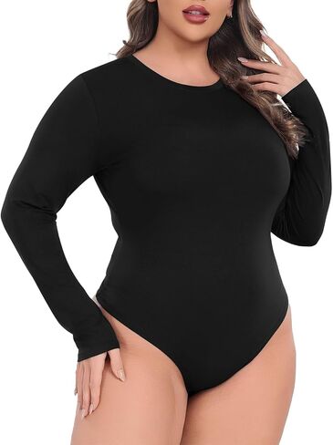 Lastshe Plus Size Bodysuit for Women Casual Fall Long Sleeve Crewneck Stretchy Body Suit Tops in Kuwait