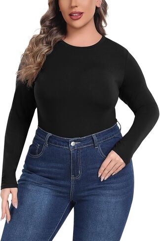 Lastshe Plus Size Bodysuit for Women Casual Fall Long Sleeve Crewneck Stretchy Body Suit Tops in Kuwait