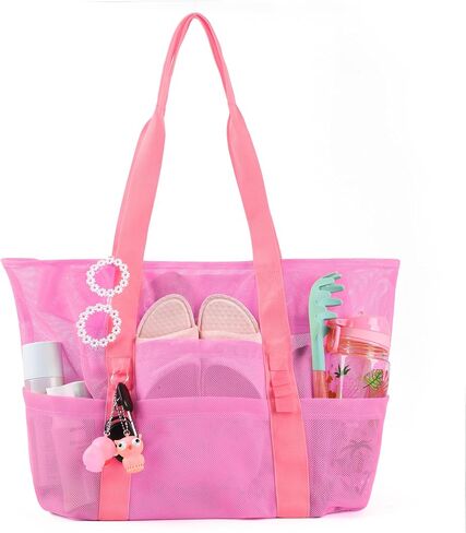 Large Beach Tote Bag With Zipper and 8 Pockets Lightweight Mesh Toys Storage Bag Sandproof Foldable Outdoor Bag in Saudi Arabia