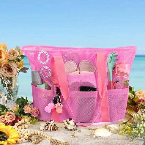 Large Beach Tote Bag With Zipper and 8 Pockets Lightweight Mesh Toys Storage Bag Sandproof Foldable Outdoor Bag in Saudi Arabia