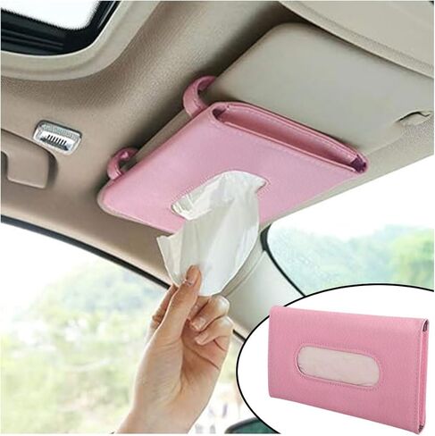 حامل مناديل السيارة، صندوق مناديل معلق من جلد البولي يوريثان الفاخر لحامل مناديل المقعد الخلفي للسيارة، موزع قناع مستطيل لأقنعة الشمس لمعظم السيارات - ملحق حاجب الشمس للسيارة (وردي) in Kuwait