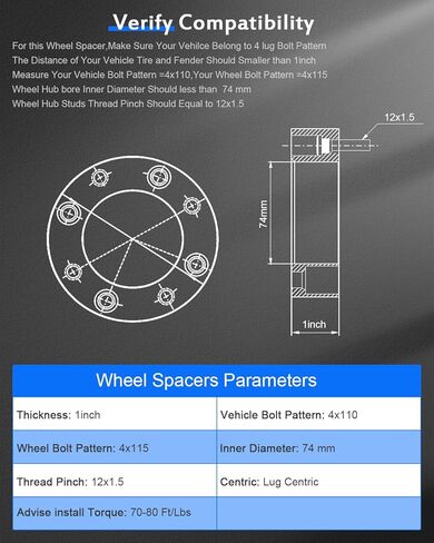ECCPP 2X 1 بوصة محولات فواصل العجلات 4 العروة 4x110 مم إلى 4x115 مم 12x1.5 ترصيع 74 مم يناسب 1998-2004 لـ Foreman 450 2005-2017 لـ Foreman 500 2001-2009 لـ Foreman Rubicon 500-NOT FIT Stock Rims in Kuwait
