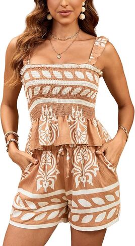 Women's Floral 2 Piece Summer Beach Set Boho Stretchy Straps Square Neck Ruffle Top Shorts with Pocket Set in Kuwait