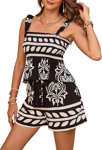 طقم شورت نسائي صيفي مكون من قطعتين من الأزهار للشاطئ بوهو بأشرطة قابلة للتمدد وياقة مربعة وكشكشة مع مجموعة جيب in Kuwait