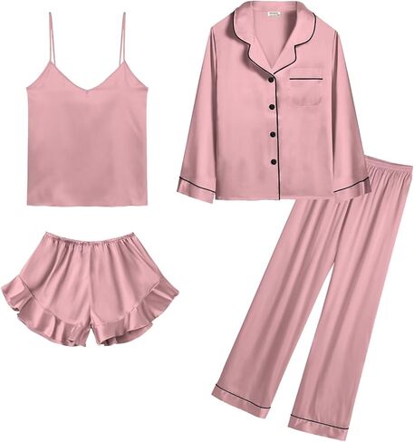 SWOMOG Womens Silk Satin Pajamas Sets 4pcs Loungewear Sexy Cami Shorts Set Button Down Long Sleeve Pjs Sleepwear in Kuwait
