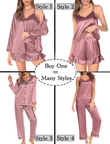 SWOMOG Womens Silk Satin Pajamas Sets 4pcs Loungewear Sexy Cami Shorts Set Button Down Long Sleeve Pjs Sleepwear in Kuwait