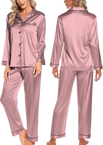 SWOMOG Womens Silk Satin Pajamas Sets 4pcs Loungewear Sexy Cami Shorts Set Button Down Long Sleeve Pjs Sleepwear in Kuwait