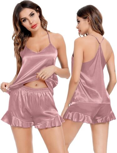 SWOMOG Womens Silk Satin Pajamas Sets 4pcs Loungewear Sexy Cami Shorts Set Button Down Long Sleeve Pjs Sleepwear in Kuwait
