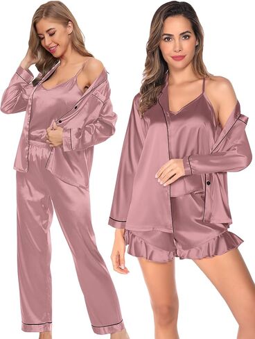SWOMOG Womens Silk Satin Pajamas Sets 4pcs Loungewear Sexy Cami Shorts Set Button Down Long Sleeve Pjs Sleepwear in Kuwait