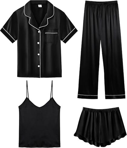 SWOMOG Womens Silk Satin Pajamas Sets 4pcs Loungewear Sexy Cami Shorts Set Button Down Long Sleeve Pjs Sleepwear in Kuwait