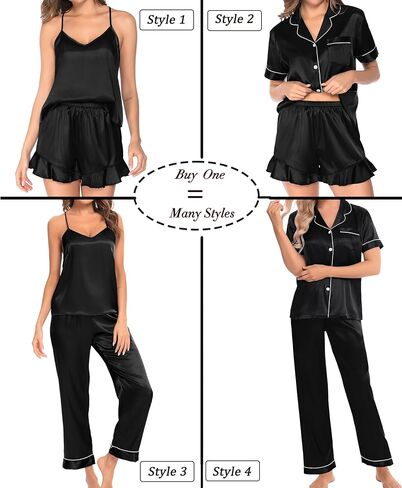 SWOMOG Womens Silk Satin Pajamas Sets 4pcs Loungewear Sexy Cami Shorts Set Button Down Long Sleeve Pjs Sleepwear in Kuwait