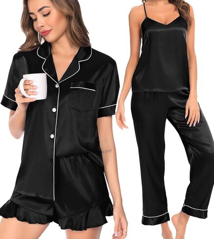 SWOMOG Womens Silk Satin Pajamas Sets 4pcs Loungewear Sexy Cami Shorts Set Button Down Long Sleeve Pjs Sleepwear in Kuwait