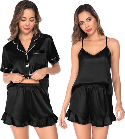 SWOMOG Womens Silk Satin Pajamas Sets 4pcs Loungewear Sexy Cami Shorts Set Button Down Long Sleeve Pjs Sleepwear in Kuwait
