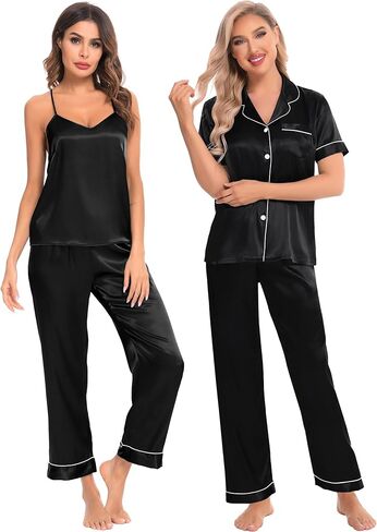 SWOMOG Womens Silk Satin Pajamas Sets 4pcs Loungewear Sexy Cami Shorts Set Button Down Long Sleeve Pjs Sleepwear in Kuwait