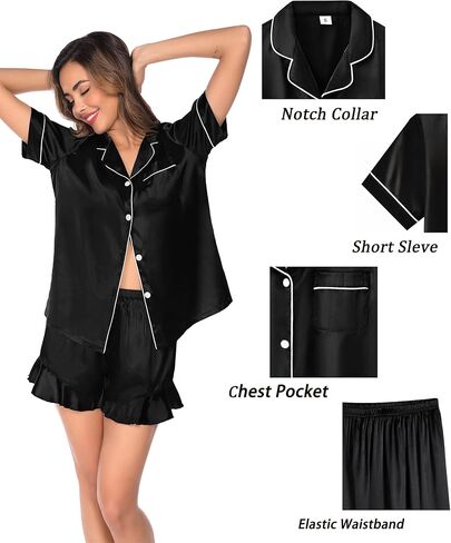 SWOMOG Womens Silk Satin Pajamas Sets 4pcs Loungewear Sexy Cami Shorts Set Button Down Long Sleeve Pjs Sleepwear in Kuwait