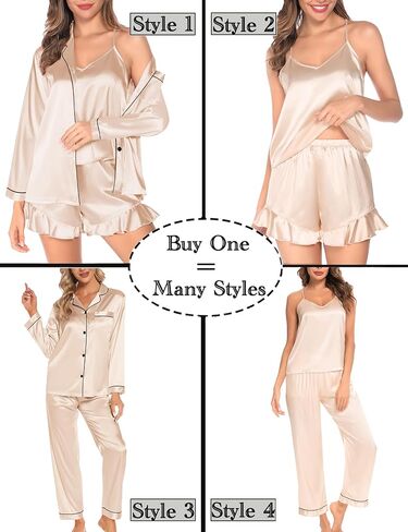 SWOMOG Womens Silk Satin Pajamas Sets 4pcs Loungewear Sexy Cami Shorts Set Button Down Long Sleeve Pjs Sleepwear in Kuwait